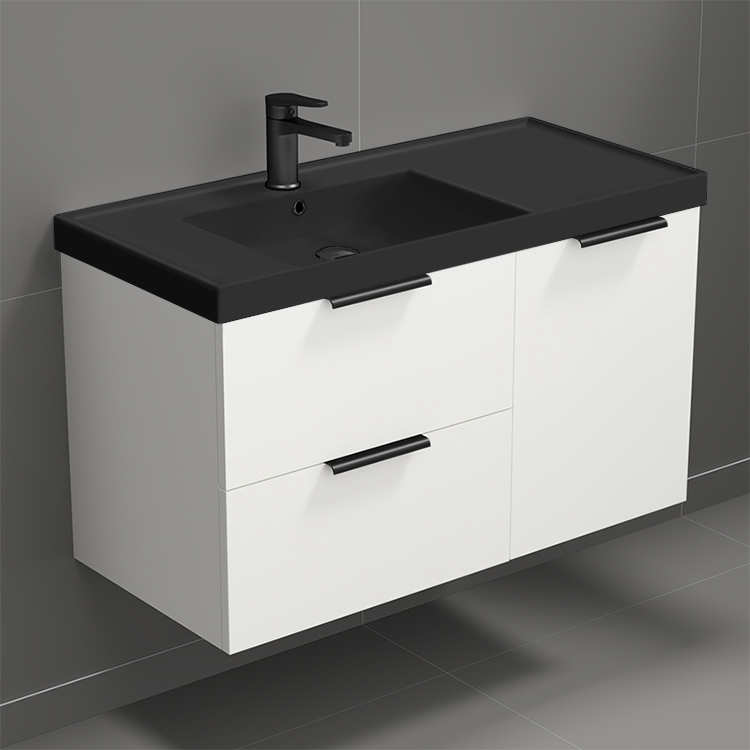 Nameeks LISBON17 36 Inch Bathroom Vanity With Black Sink, Modern, Wall Mount, Glossy White